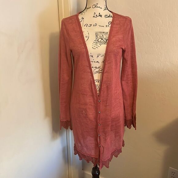 Free People Linen Blend Lace Detailed Lightweight Cardigan Feminine Casual Boho - Picture 1 of 12